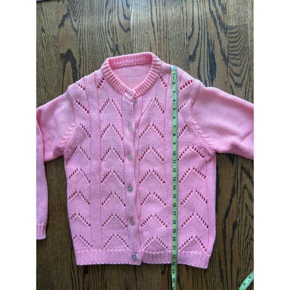 Vintage Pink Knit Cardigan Chevron Eyelet Design Button Front Women’s M - Picture 6 of 8